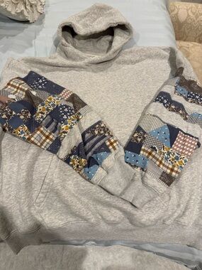 Abercrombie Gray Hoodie with Patchwork Floral & Plaid Sleeve Panels